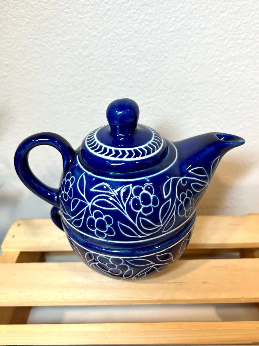 💥3/$50 Jaipur Blue Vintage Pottery Flowers Desert Sands Teapot w Stackable Cup